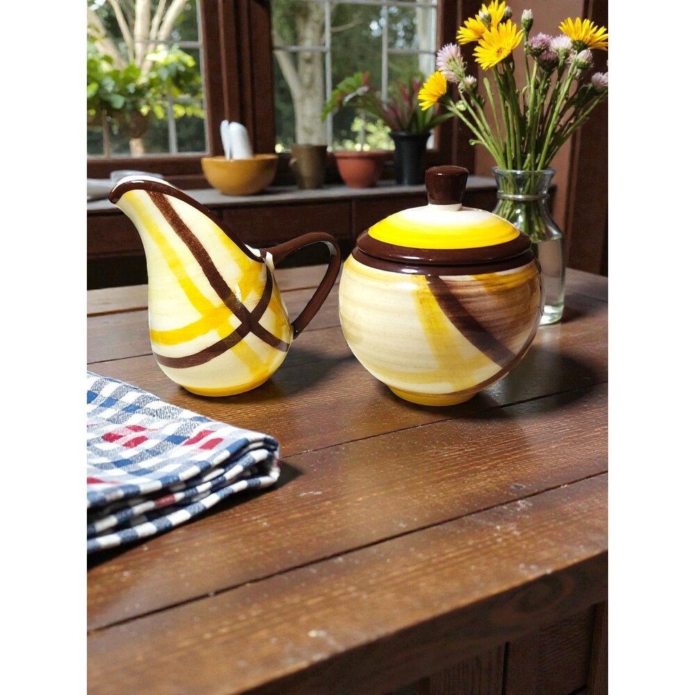 Vintage Vernonware Organdie Creamer Sugar Bowl Set Hand Painted Yellow Brown MCM